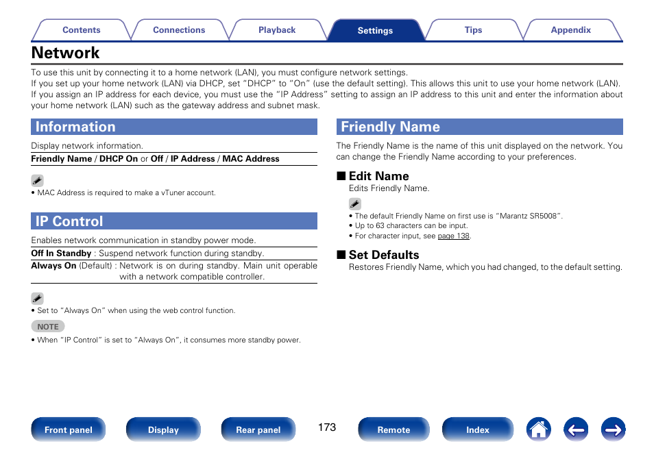 Network, Information, Ip control | Friendly name, Information”) | Marantz SR5008 User Manual | Page 173 / 238