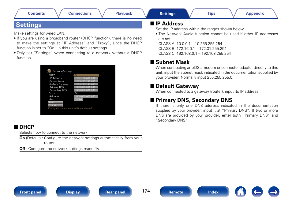 Settings, 2 dhcp, 2 ip address | 2 subnet mask, 2 default gateway, 2 primary dns, secondary dns | Marantz SR5008 User Manual | Page 174 / 238