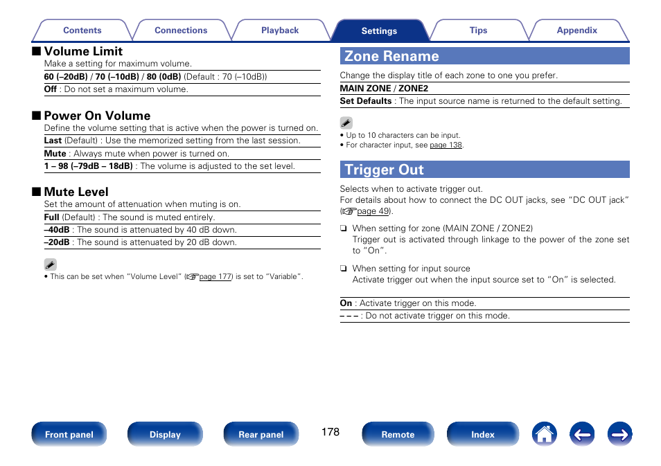 Zone rename, Trigger out, 2 volume limit | 2 power on volume, 2 mute level | Marantz SR5008 User Manual | Page 178 / 238