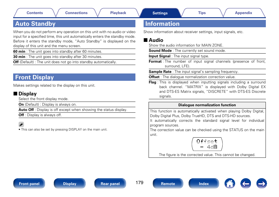 Auto standby, Front display, Information | Compression” and “dialogue normalization function, 2 display, 2 audio | Marantz SR5008 User Manual | Page 179 / 238