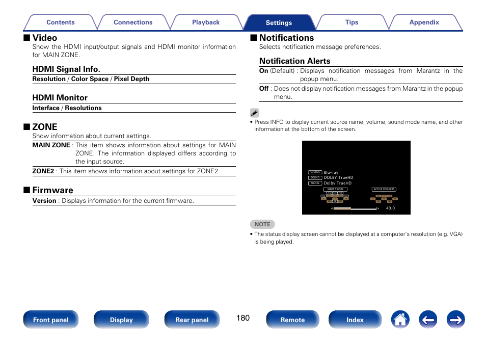 2 video, 2 zone, 2 firmware | 2 notifications, Hdmi signal info, Hdmi monitor, Notification alerts | Marantz SR5008 User Manual | Page 180 / 238