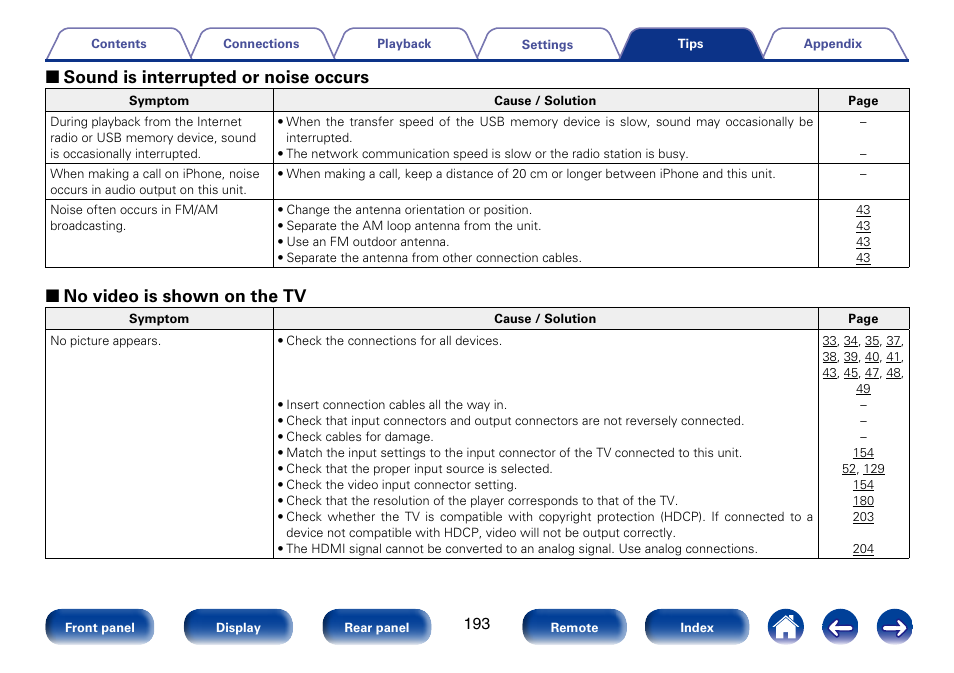 2 sound is interrupted or noise occurs, 2 no video is shown on the tv | Marantz SR5008 User Manual | Page 193 / 238