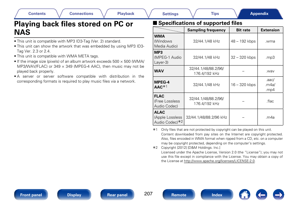 Playing back files stored on pc or nas, 2 specifications of supported files | Marantz SR5008 User Manual | Page 207 / 238