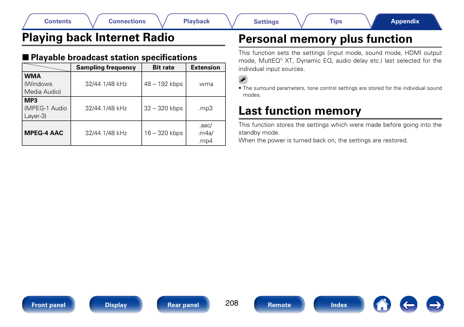 Playing back internet radio, Personal memory plus function, Last function memory | 2 playable broadcast station specifications | Marantz SR5008 User Manual | Page 208 / 238