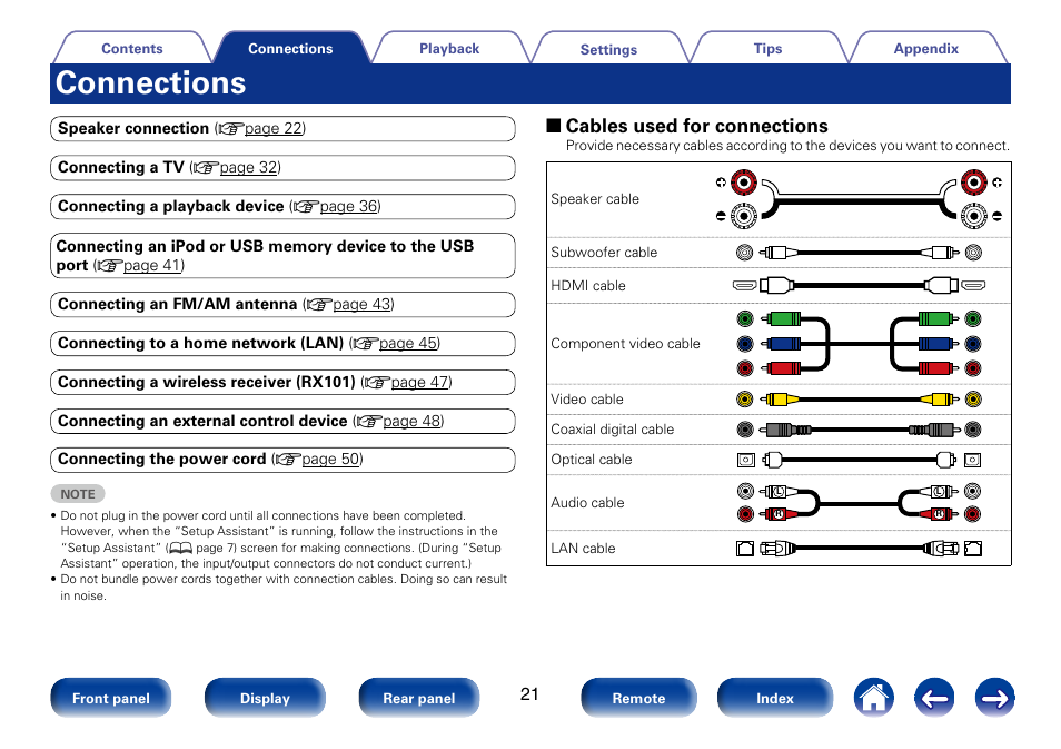 Connections, 2 cables used for connections | Marantz SR5008 User Manual | Page 21 / 238