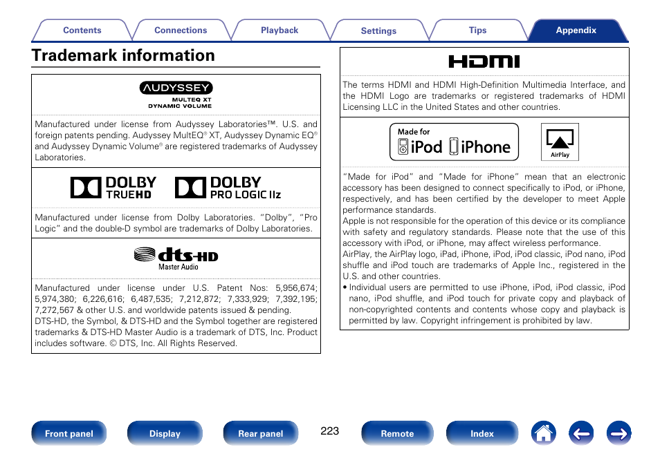 Trademark information | Marantz SR5008 User Manual | Page 223 / 238