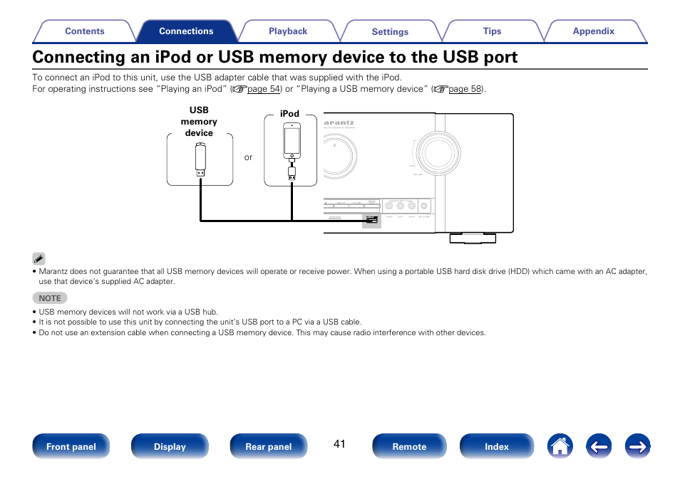 Connecting an ipod or usb memory device, To the usb port, Connecting an ipod or usb memory device to the usb | Marantz SR5008 User Manual | Page 41 / 238