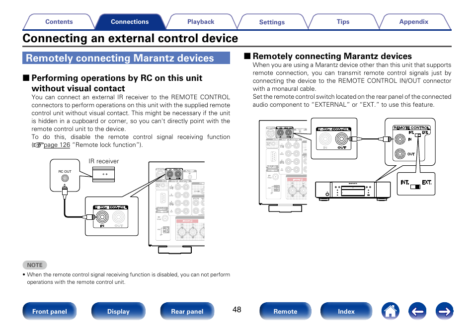 Connecting an external control device, Remotely connecting marantz devices, 2 remotely connecting marantz devices | Marantz SR5008 User Manual | Page 48 / 238