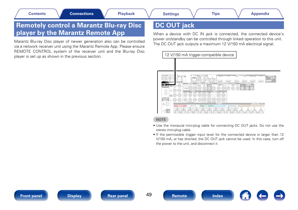 Dc out jack, Remotely control a marantz blu-ray disc player | Marantz SR5008 User Manual | Page 49 / 238