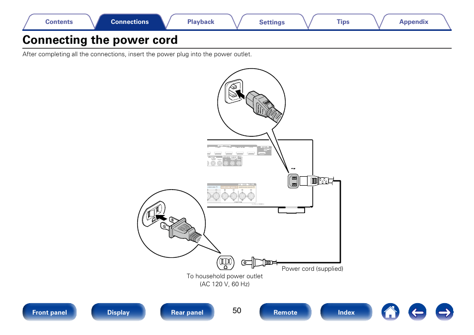 Connecting the power cord | Marantz SR5008 User Manual | Page 50 / 238