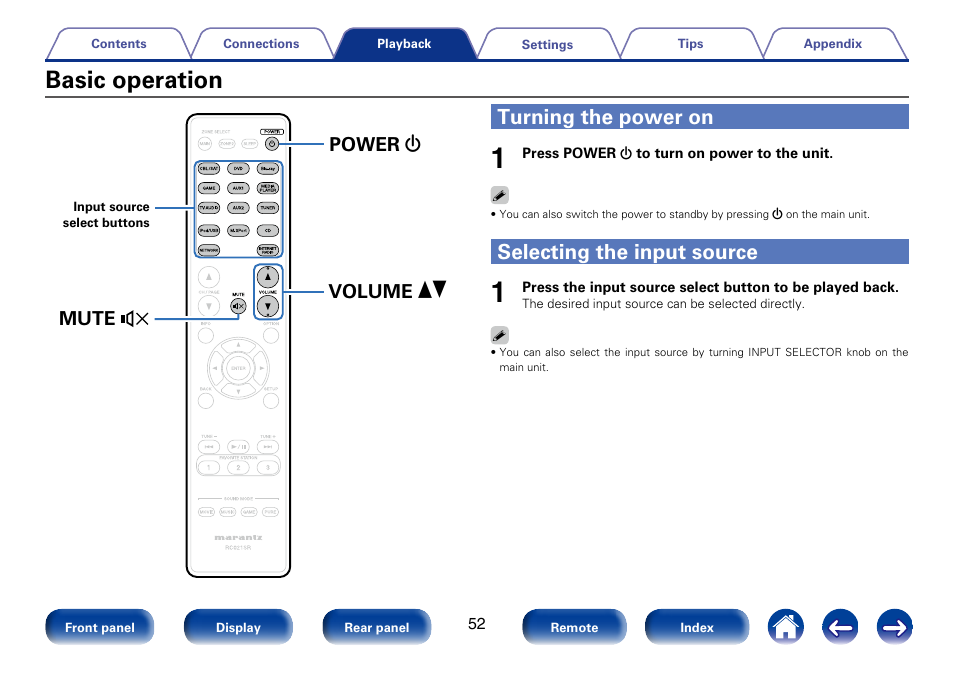 Basic operation, Turning the power on, Selecting the input source | Mute volume power df x | Marantz SR5008 User Manual | Page 52 / 238