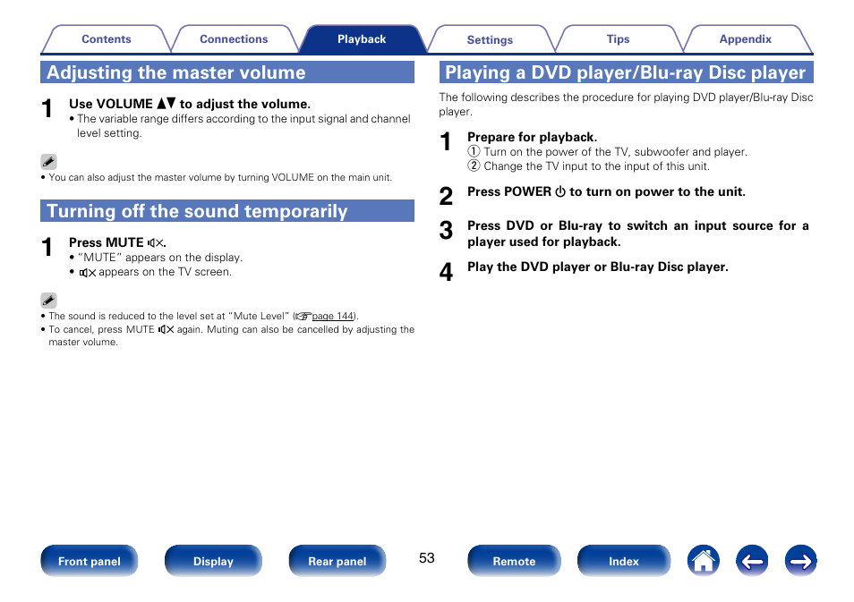 Adjusting the master volume, Turning off the sound temporarily, Playing a dvd player/blu-ray disc player | Marantz SR5008 User Manual | Page 53 / 238