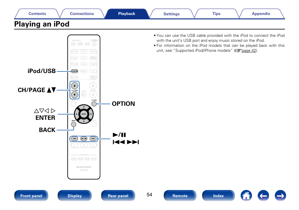 Playing an ipod | Marantz SR5008 User Manual | Page 54 / 238