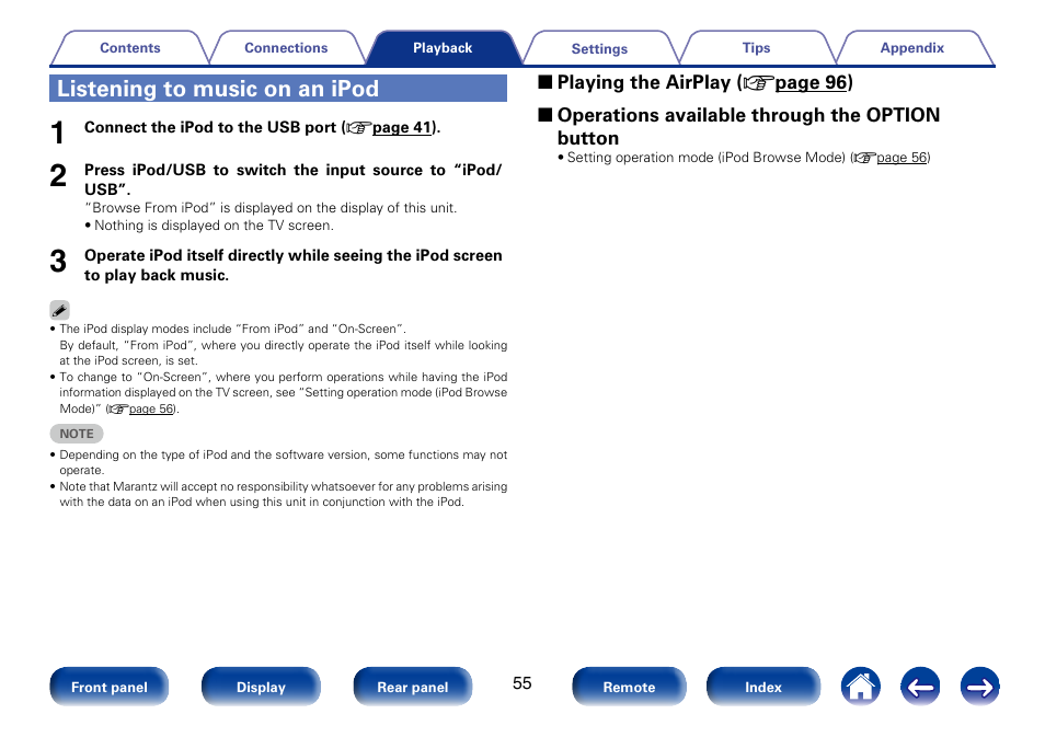 Listening to music on an ipod | Marantz SR5008 User Manual | Page 55 / 238