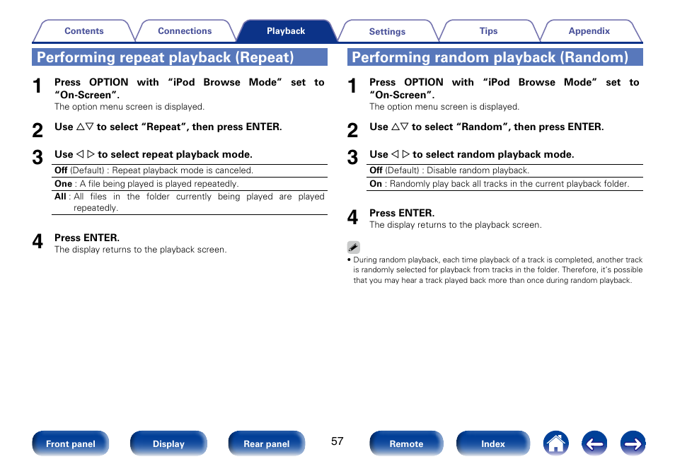 Performing repeat playback (repeat), Performing random playback (random) | Marantz SR5008 User Manual | Page 57 / 238