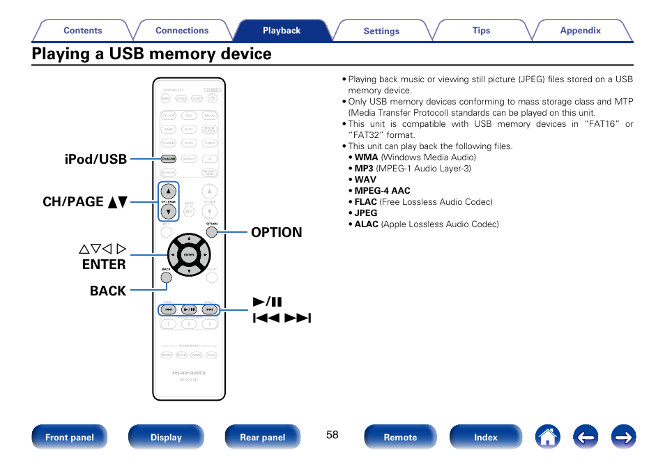 Playing a usb memory device | Marantz SR5008 User Manual | Page 58 / 238