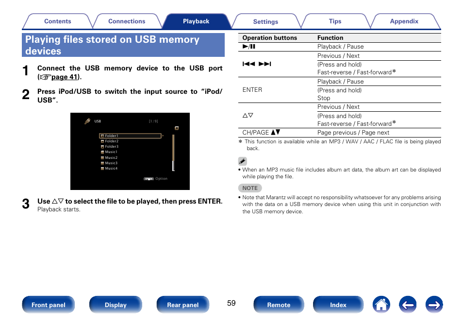 Playing files stored on usb memory devices | Marantz SR5008 User Manual | Page 59 / 238