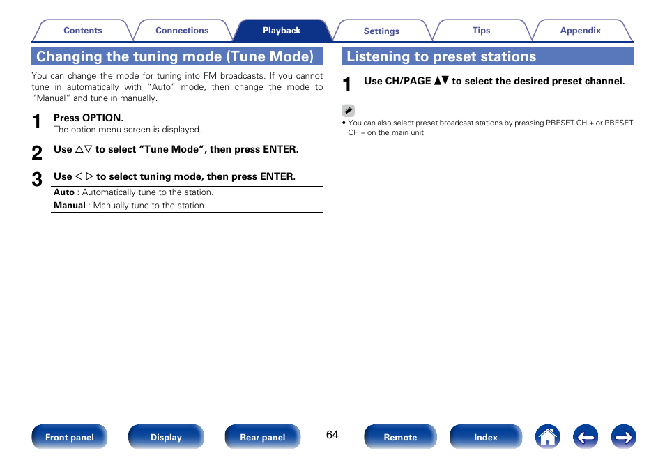 Changing the tuning mode (tune mode), Listening to preset stations | Marantz SR5008 User Manual | Page 64 / 238