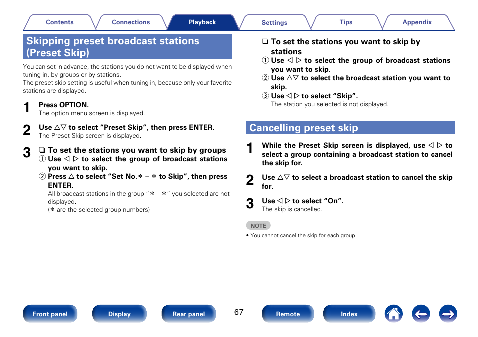 Skipping preset broadcast stations (preset skip), Cancelling preset skip | Marantz SR5008 User Manual | Page 67 / 238