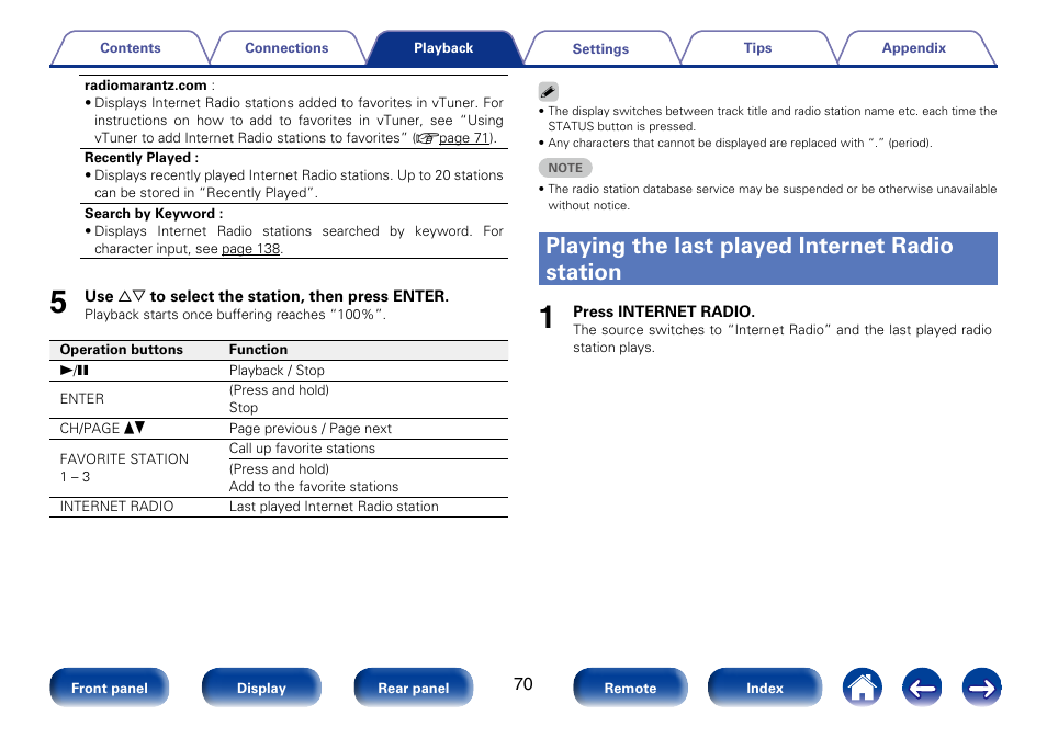 Playing the last played internet radio station | Marantz SR5008 User Manual | Page 70 / 238