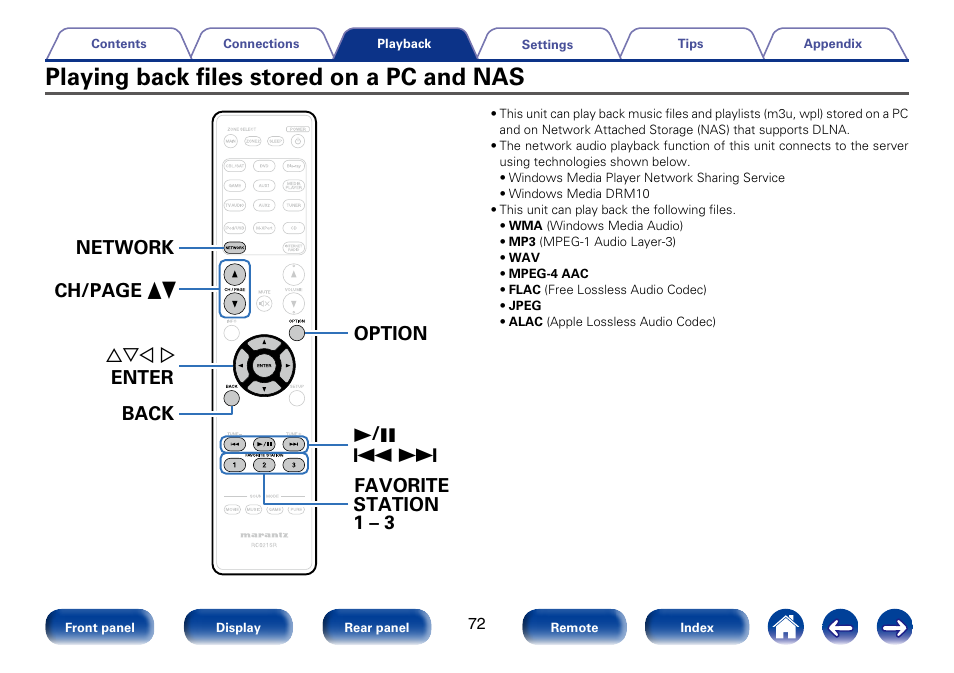 Playing back files stored on a pc and nas | Marantz SR5008 User Manual | Page 72 / 238