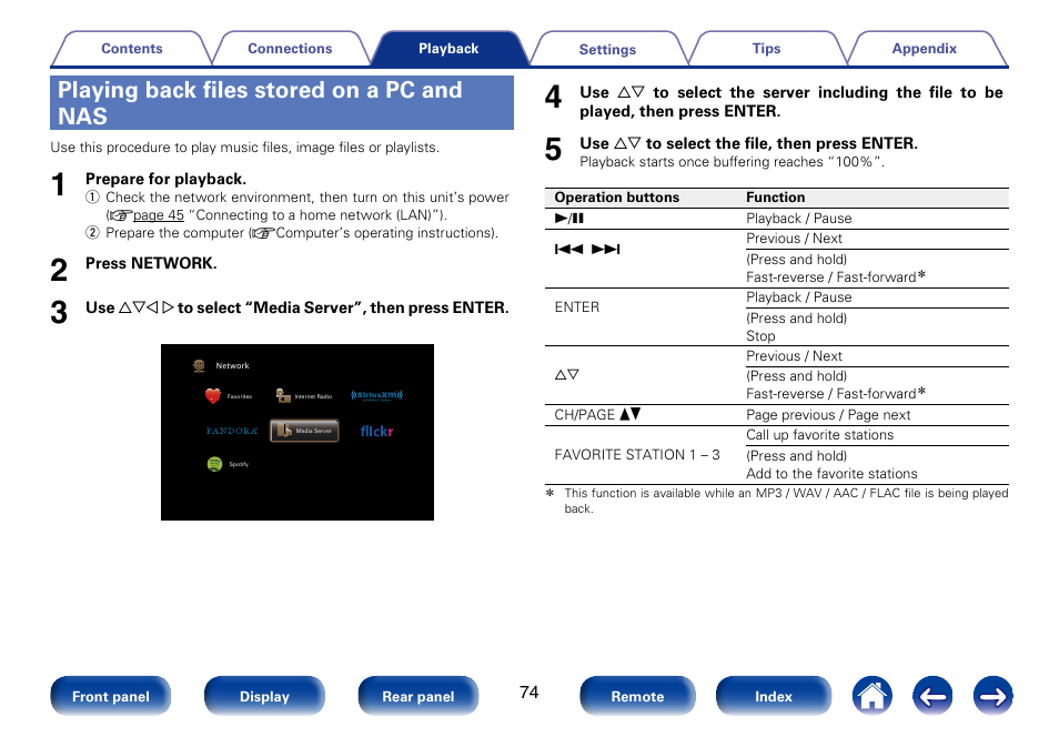 Playing back files stored on a pc and nas | Marantz SR5008 User Manual | Page 74 / 238