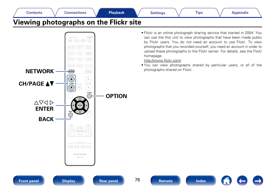 Viewing photographs on the flickr site, Option uio p enter network back ch/page df | Marantz SR5008 User Manual | Page 76 / 238