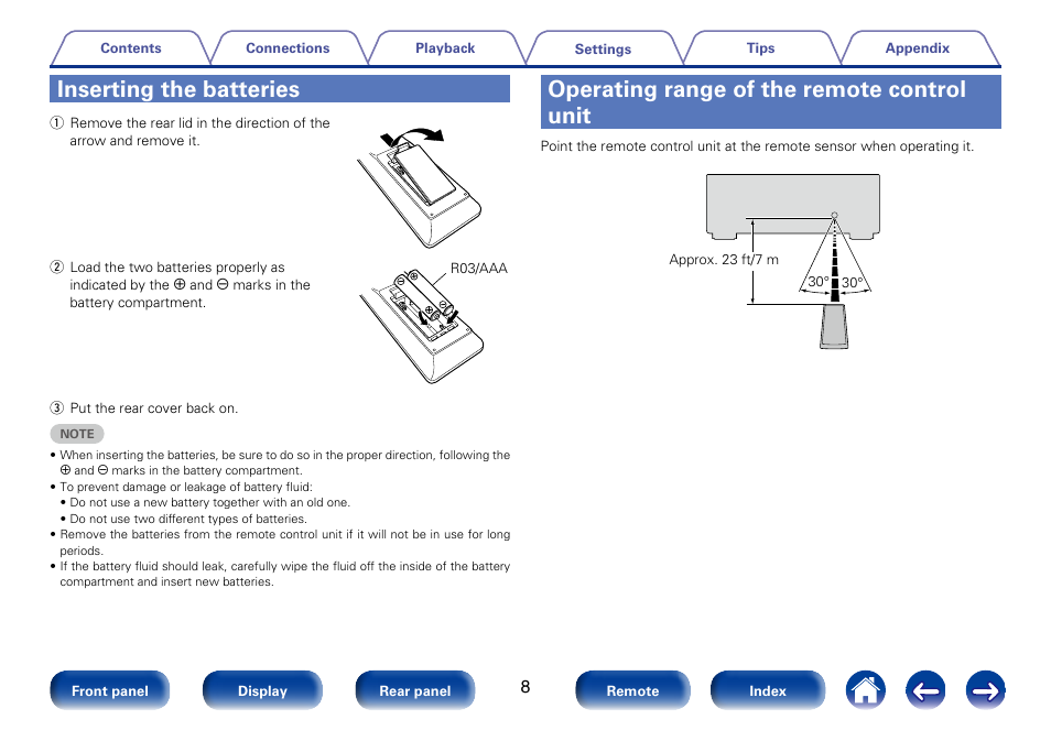 Inserting the batteries, Operating range of the remote control unit | Marantz SR5008 User Manual | Page 8 / 238