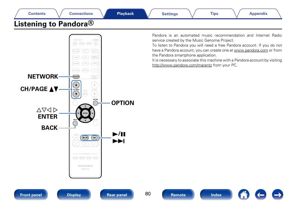 Listening to pandora, Uio p enter option 1 / 3 9 network back ch/page df | Marantz SR5008 User Manual | Page 80 / 238