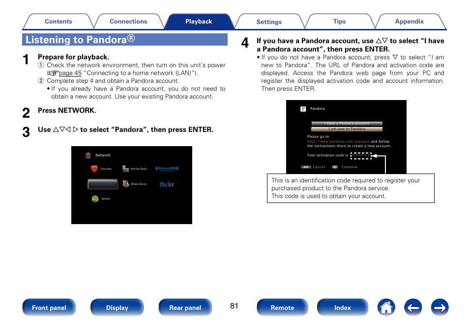 Listening to pandora | Marantz SR5008 User Manual | Page 81 / 238