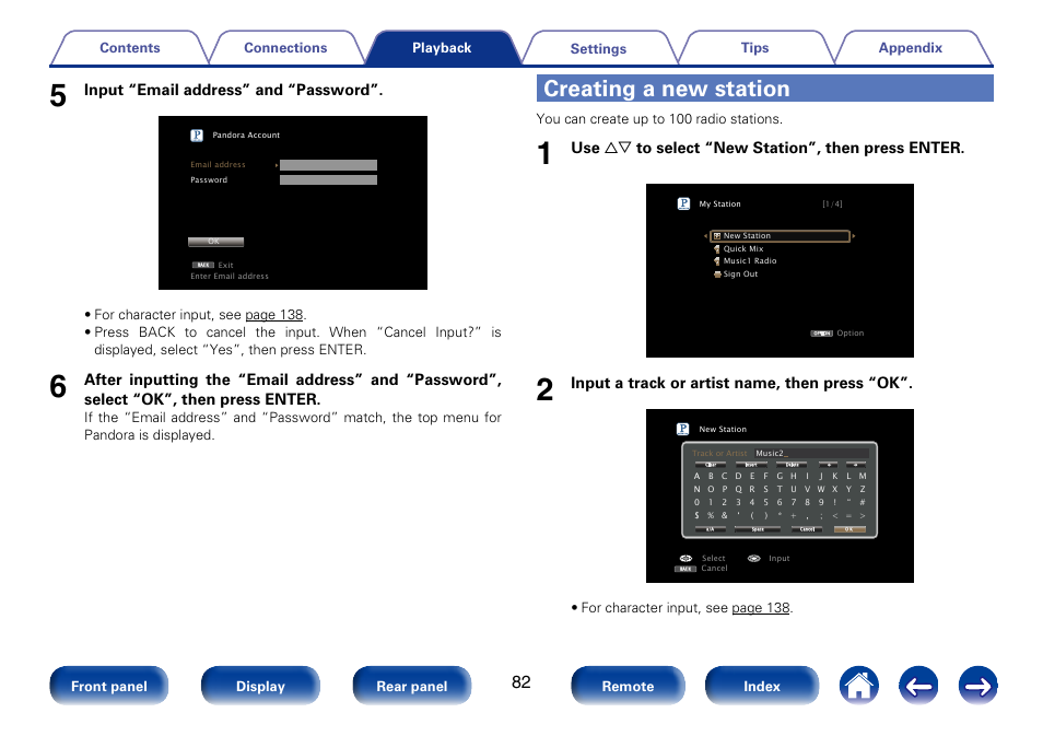 Creating a new station, Input “email address” and “password, Use ui to select “new station”, then press enter | Input a track or artist name, then press “ok | Marantz SR5008 User Manual | Page 82 / 238