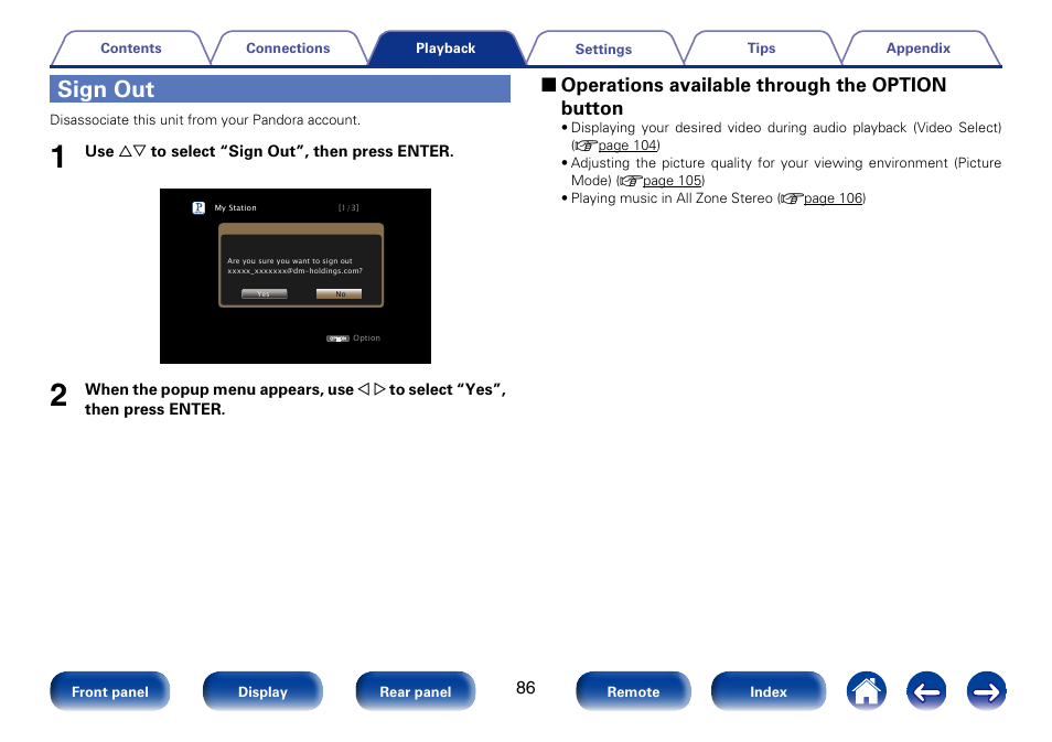 Sign out, 2 operations available through the option button | Marantz SR5008 User Manual | Page 86 / 238