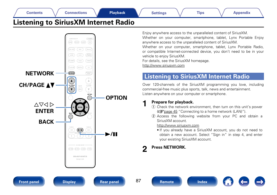 Listening to siriusxm internet radio, Network 1 / 3 option uio p enter back ch/page df | Marantz SR5008 User Manual | Page 87 / 238