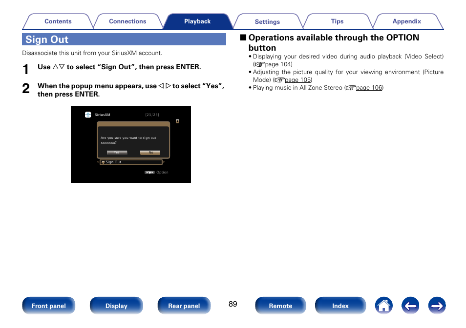 Sign out, 2 operations available through the option button | Marantz SR5008 User Manual | Page 89 / 238