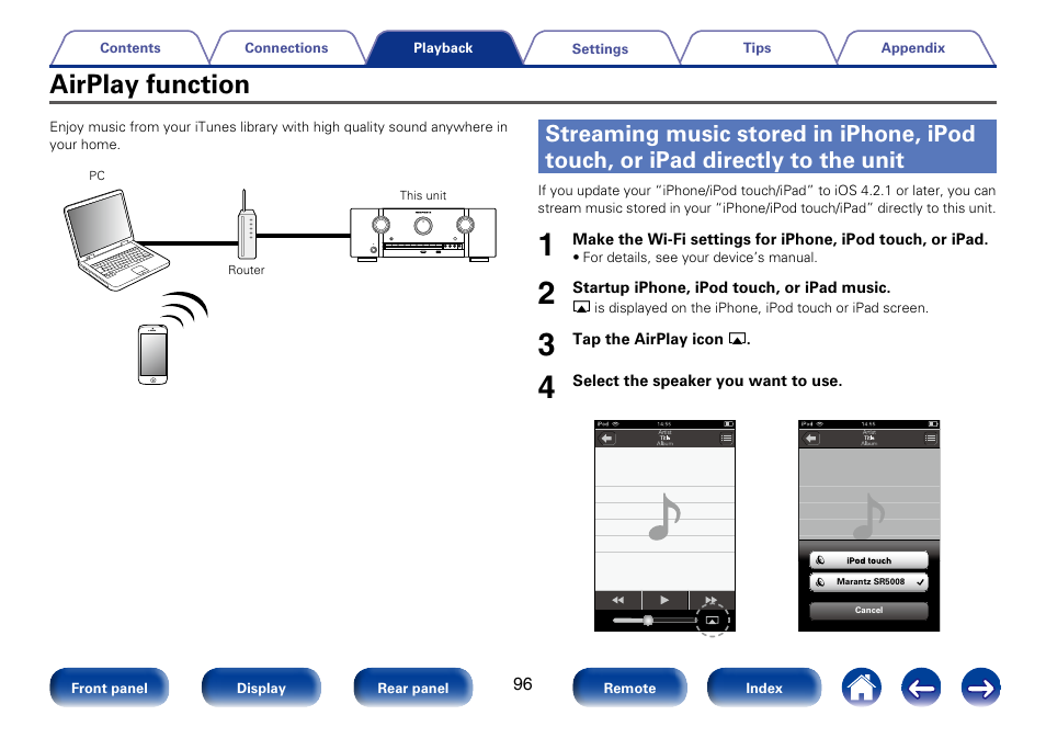 Airplay function, Streaming music stored in iphone, ipod touch | Marantz SR5008 User Manual | Page 96 / 238