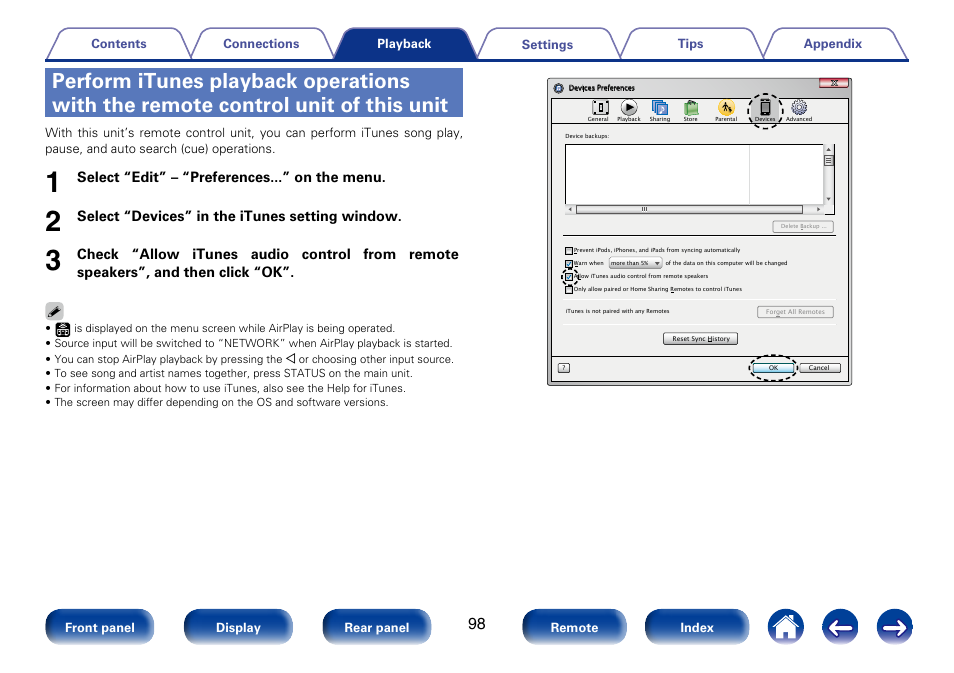 Perform itunes playback operations | Marantz SR5008 User Manual | Page 98 / 238