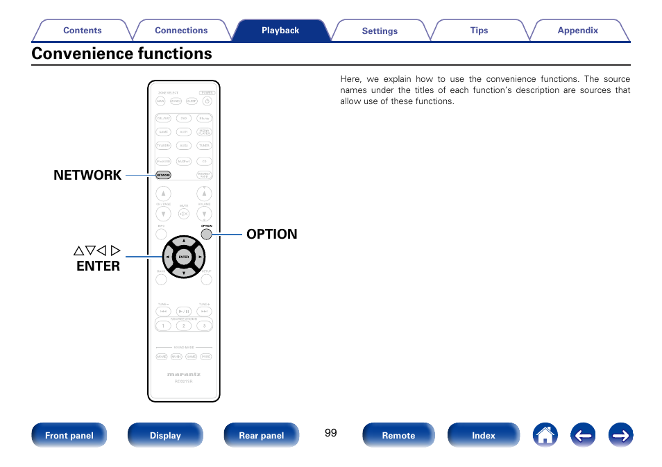 Convenience functions, Uio p enter network option | Marantz SR5008 User Manual | Page 99 / 238