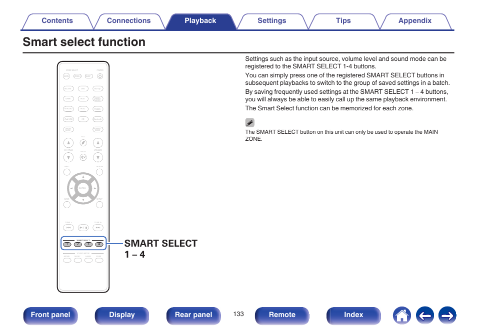 Smart select function, Volume level and sound mode settings. (v p. 133), Smart select 1 – 4 | Front panel display rear panel remote index | Marantz SR5009 User Manual | Page 133 / 277