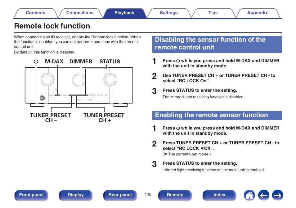 Remote lock function, Enabling the remote sensor function, Lock function” (v p. 140)) | Marantz SR5009 User Manual | Page 140 / 277