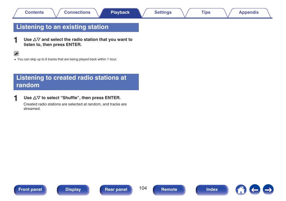 Listening to an existing station, Listening to created radio stations at random | Marantz SR5010 User Manual | Page 104 / 295