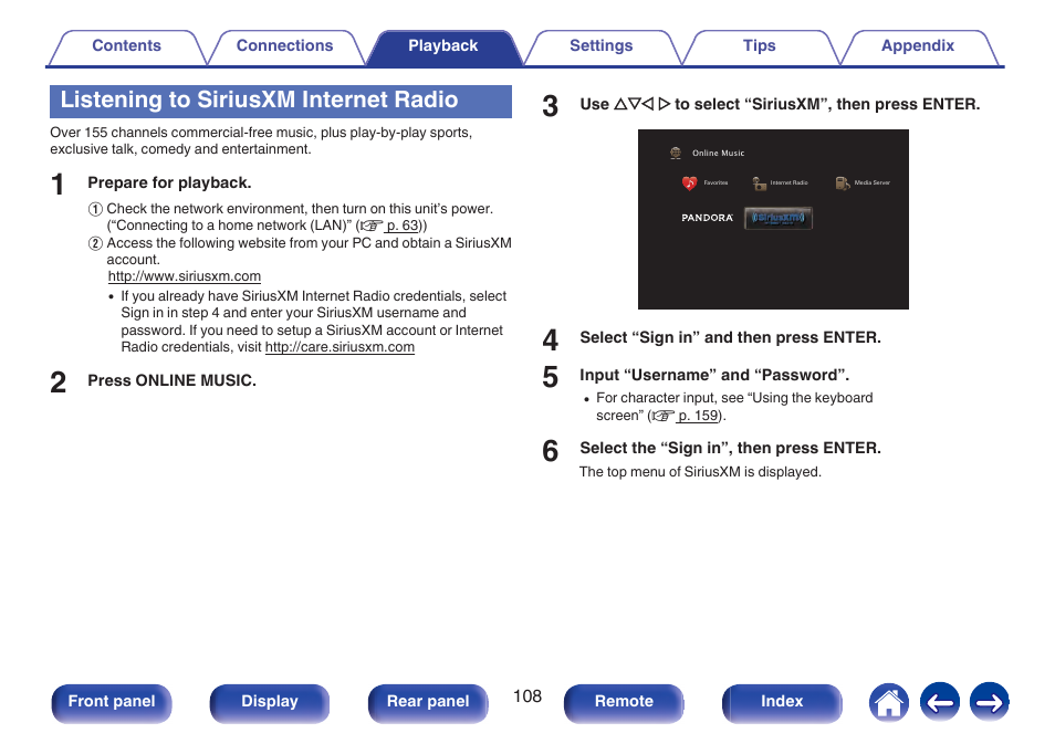 Listening to siriusxm internet radio | Marantz SR5010 User Manual | Page 108 / 295