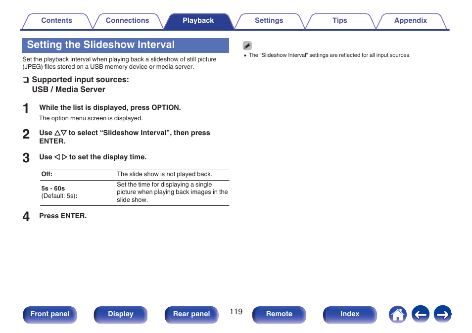 Setting the slideshow interval, Setting the slideshow interval” (v p. 119) | Marantz SR5010 User Manual | Page 119 / 295