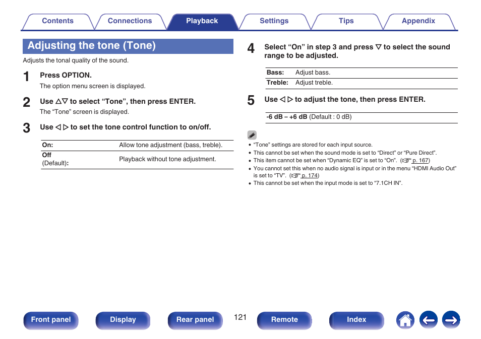 Adjusting the tone (tone), Adjusting the tone (tone)” (v p. 121) | Marantz SR5010 User Manual | Page 121 / 295