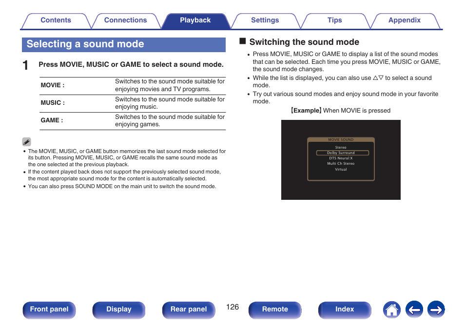 Selecting a sound mode, Oswitching the sound mode | Marantz SR5010 User Manual | Page 126 / 295