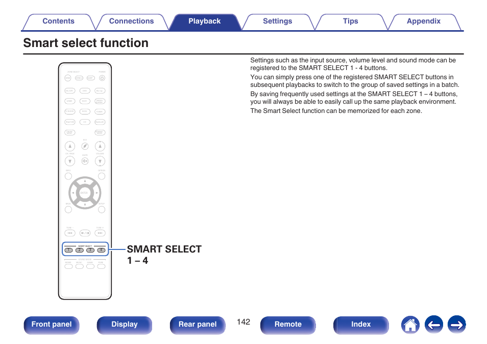 Smart select function, V p. 142), Smart select 1 – 4 | Front panel display rear panel remote index | Marantz SR5010 User Manual | Page 142 / 295