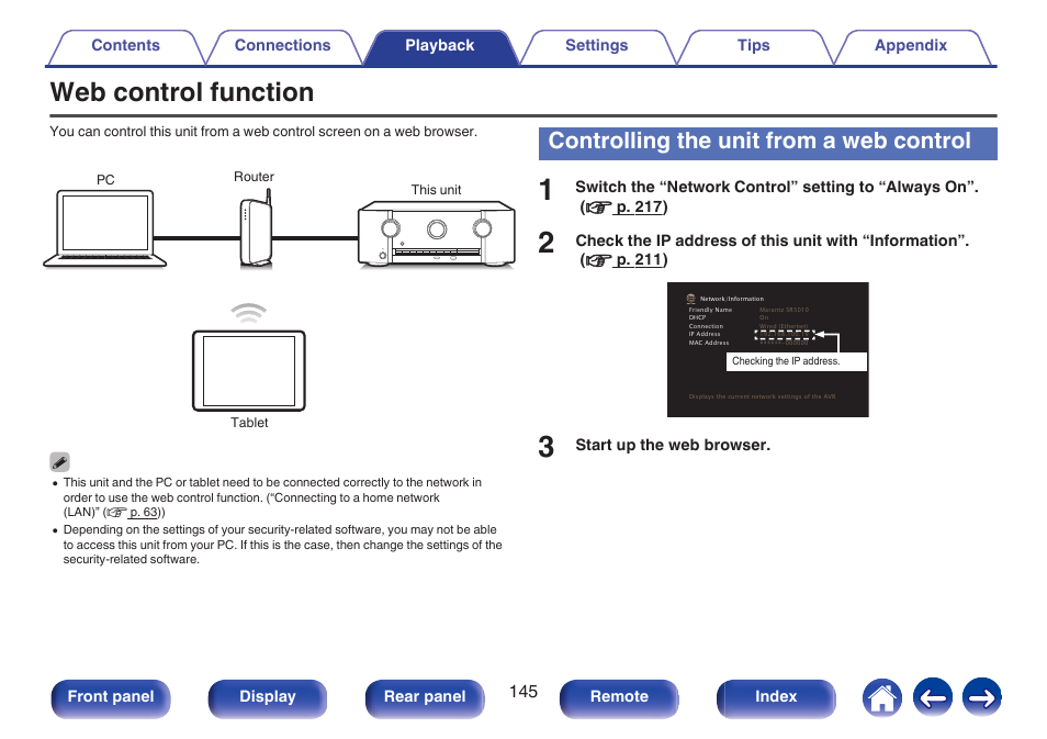 Web control function, Controlling the unit from a web control | Marantz SR5010 User Manual | Page 145 / 295