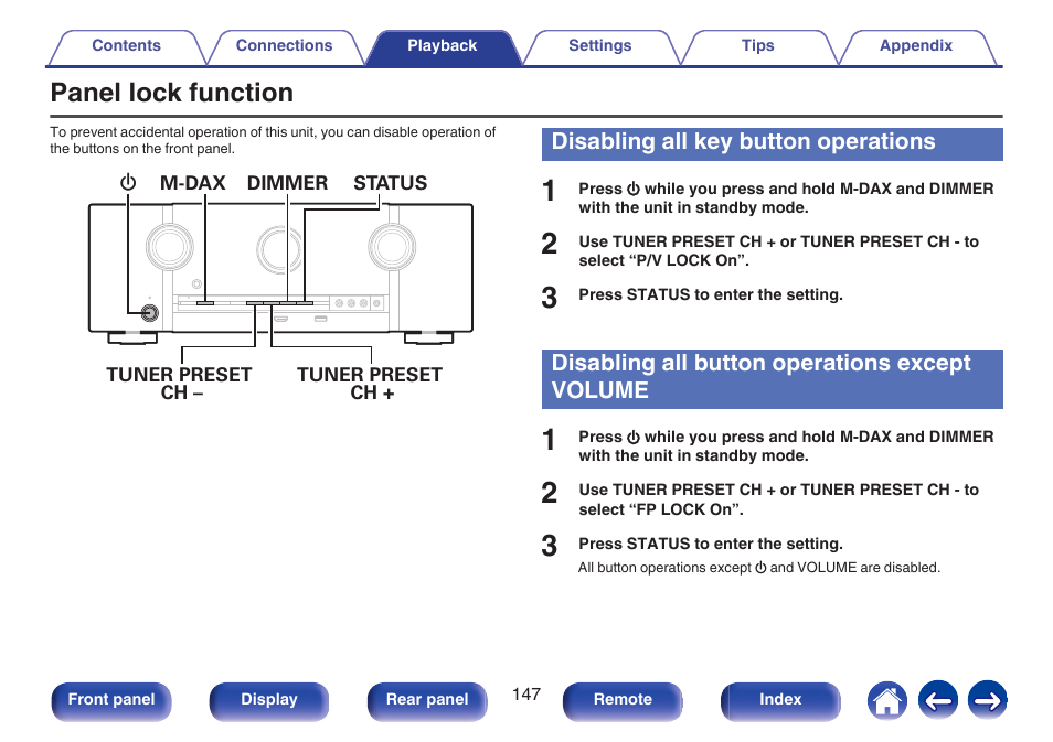 Panel lock function, Disabling all key button operations, Disabling all button operations except volume | Marantz SR5010 User Manual | Page 147 / 295