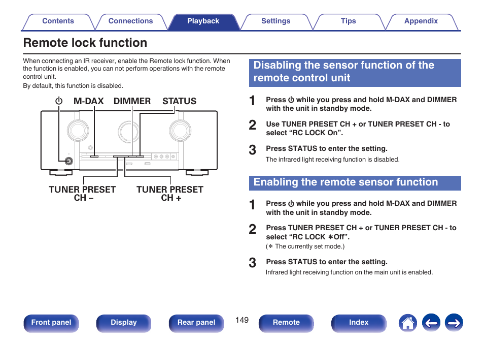 Remote lock function, Enabling the remote sensor function, Remote lock function” (v p. 149)) | Marantz SR5010 User Manual | Page 149 / 295