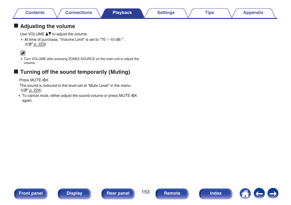 Adjusting the volume” (v p. 153), Oadjusting the volume, Oturning off the sound temporarily (muting) | Marantz SR5010 User Manual | Page 153 / 295