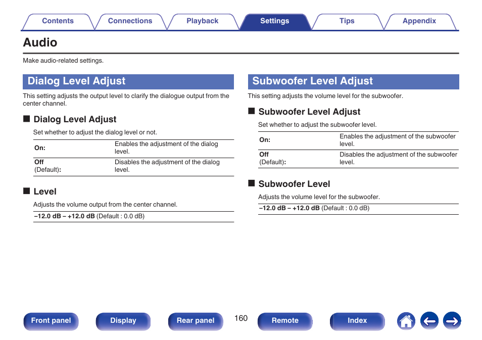 Audio, Dialog level adjust, Subwoofer level adjust | Marantz SR5010 User Manual | Page 160 / 295